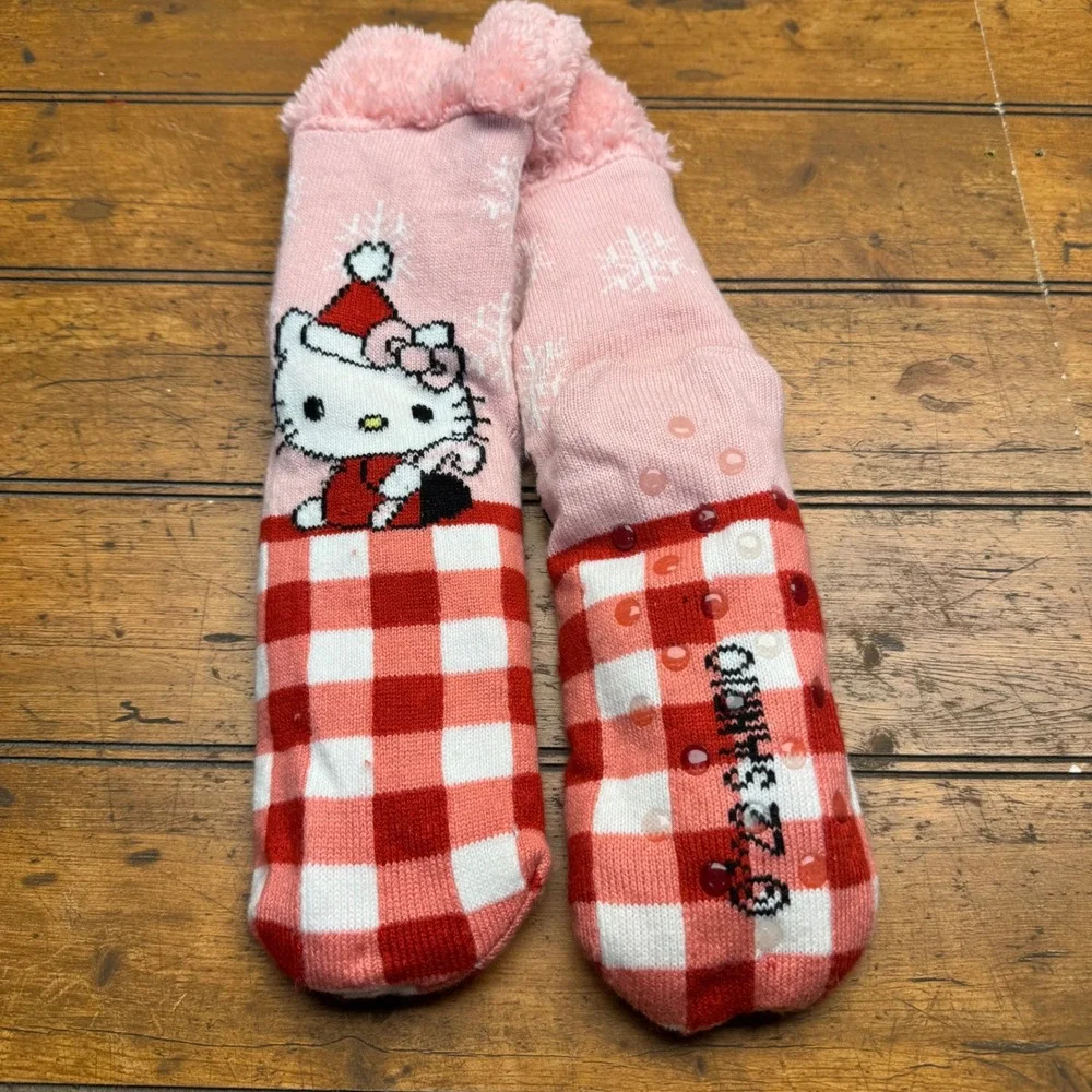 Hello Kitty Holiday Cozy Slipper Socks Red Buffalo Plaid Grippy Bottoms Women
